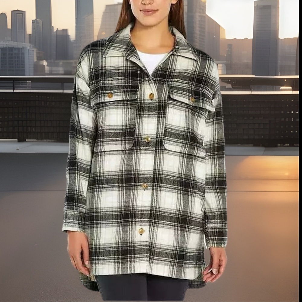 Banana Republic Overszd Plaid Shirt W/Side & Front Pocket Thick Button-Up Jacket